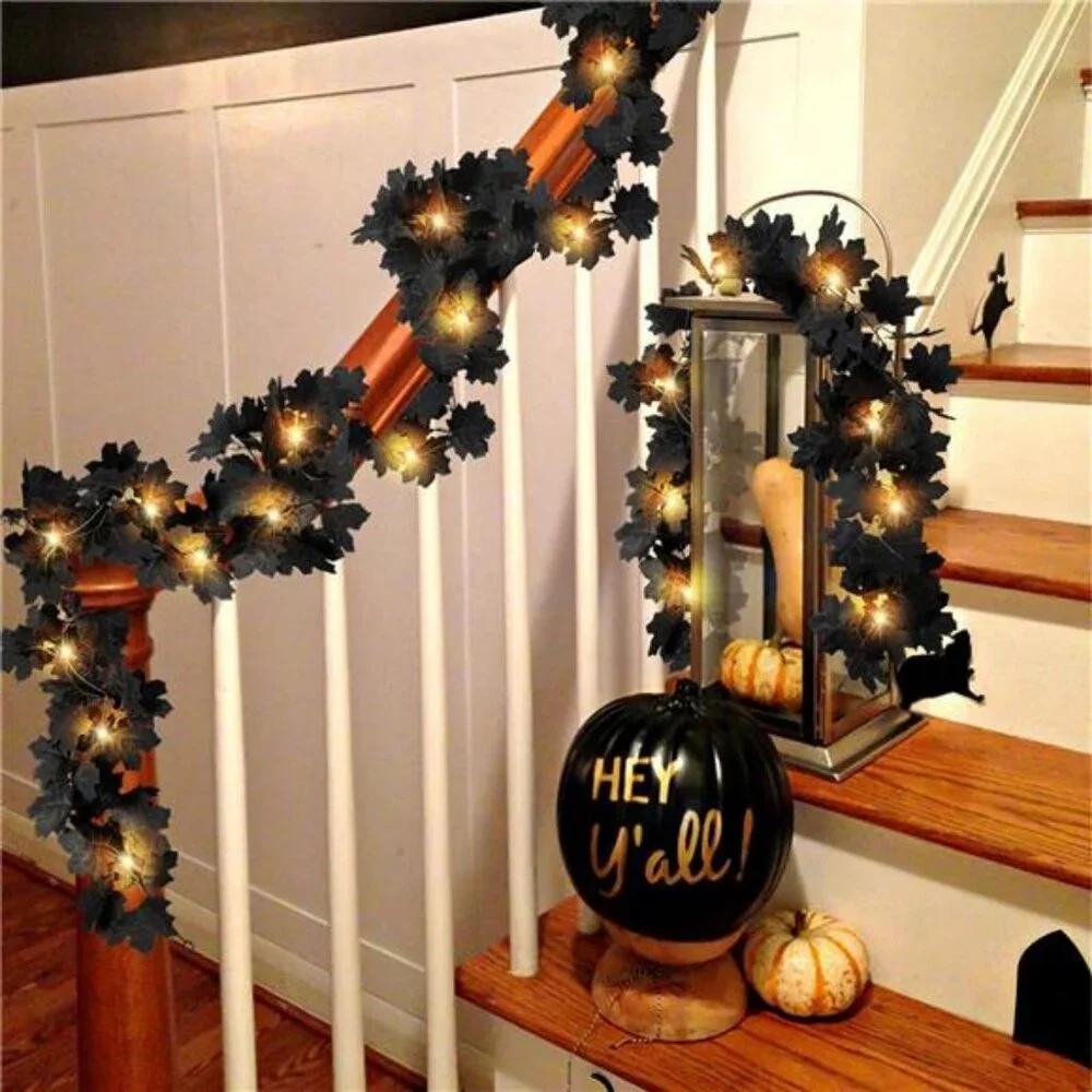 Black Leaf Garland with Yellow Lights, 2 Pack Halloween Artificial Hanging Fall